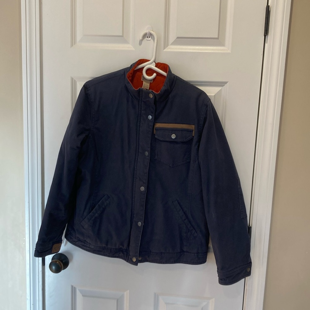 Women’s midweight Duluth training, coat size, large, navy blue with burnt orange
